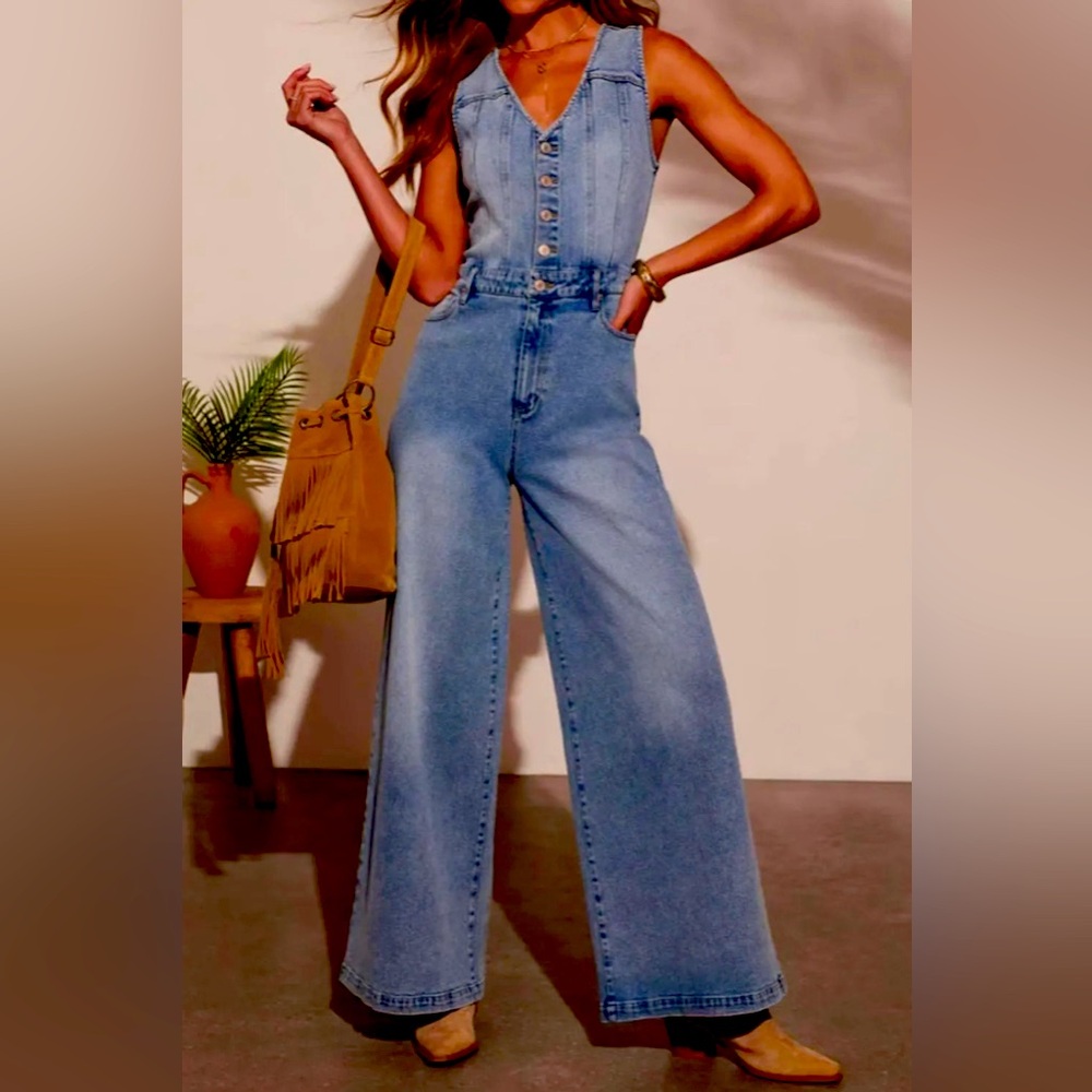 NEW V-neck Wide Leg Denim Jumpsuit